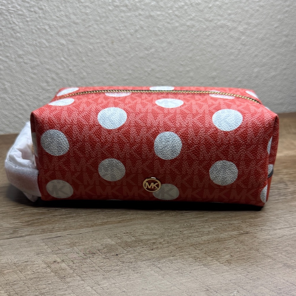 Michael Kors Red Clay Argille Rouge and White Polka Dot Logo Cosmetic Pouch